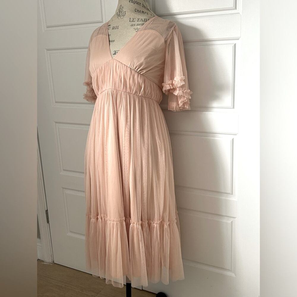 Beauut $87 Bridesmaid tulle midi dress pink flutter sleeve blush US size 4 asos